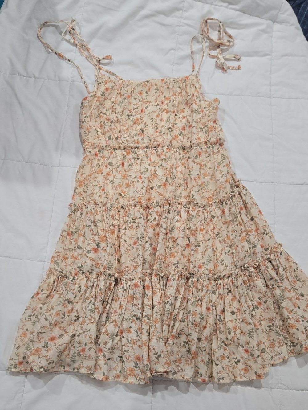 Altar'd State Ruffle Cream and Peach Floral Tiered Tie-Shoulder Dress